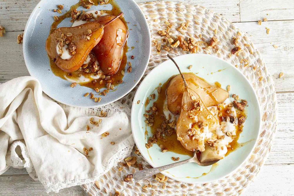 Chai-Poached Pears with Spicy Orange Sauce and Homemade Granola