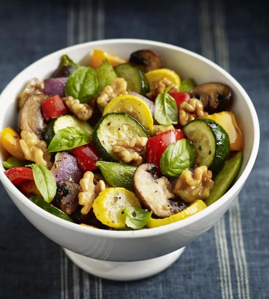 Roasted Vegetables with Walnuts, Basil and Balsamic Vinaigrette