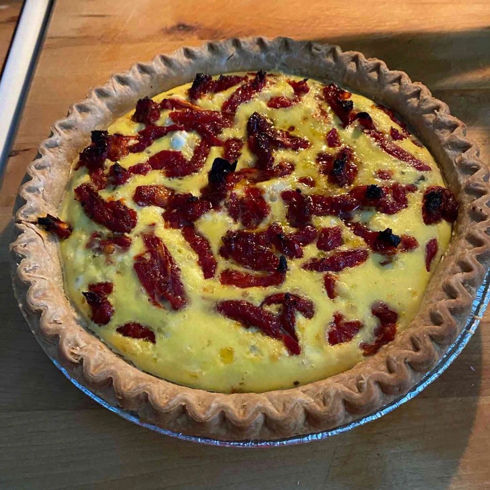 Pesto, Goat Cheese, and Sun-dried Tomatoes Quiche