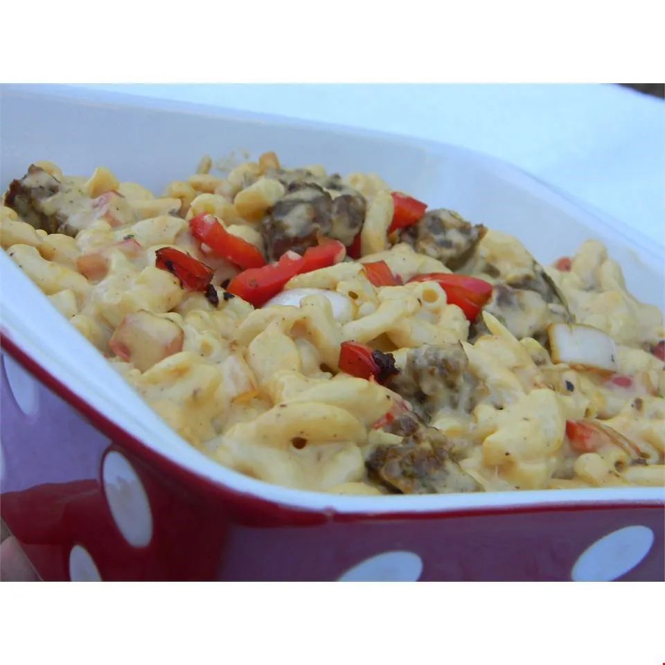 Macaroni and Cheese with Sausage, Peppers and Onions