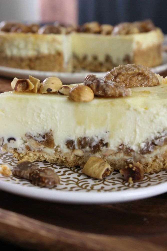 Fig-Hazelnut Cheesecake with Honey-Bourbon Drizzle