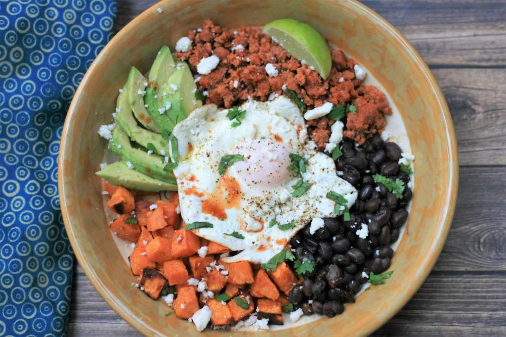 Roasted Sweet Potato, Black Bean, and Chorizo Breakfast Bowls