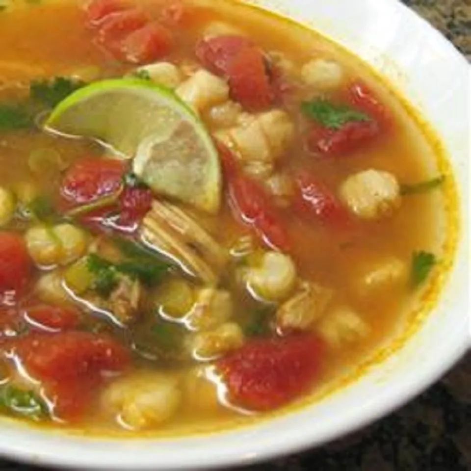 Chicken and Hominy Soup with Lime and Cilantro