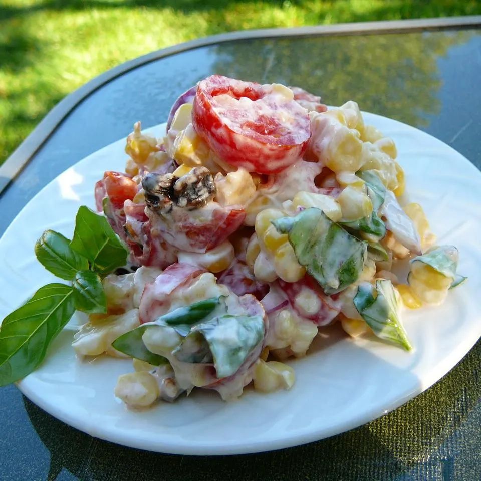 Creamy Cherry Tomato Salad with Fresh Basil, Corn and Onion