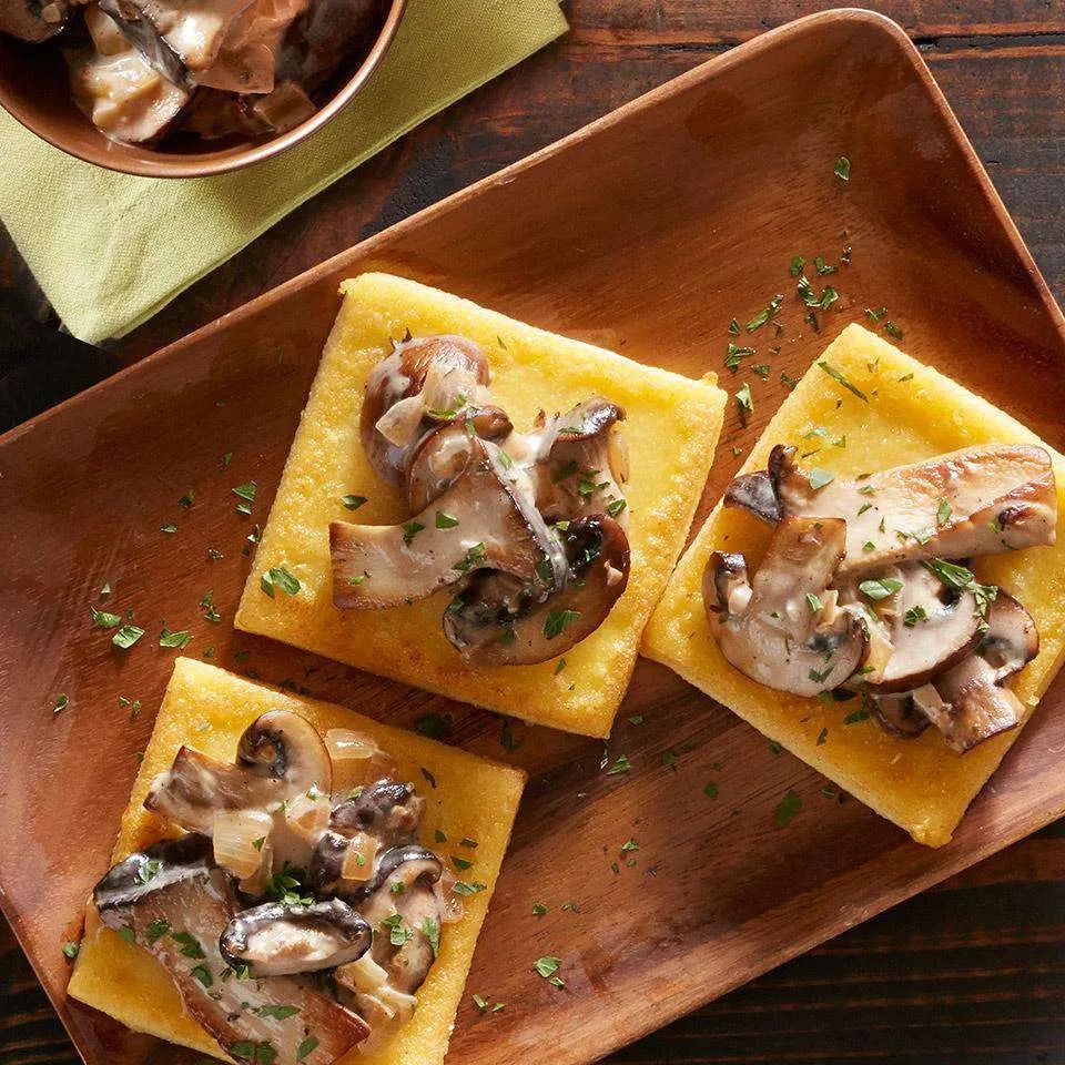 Fried Polenta Squares with Creamy Mushroom Ragu