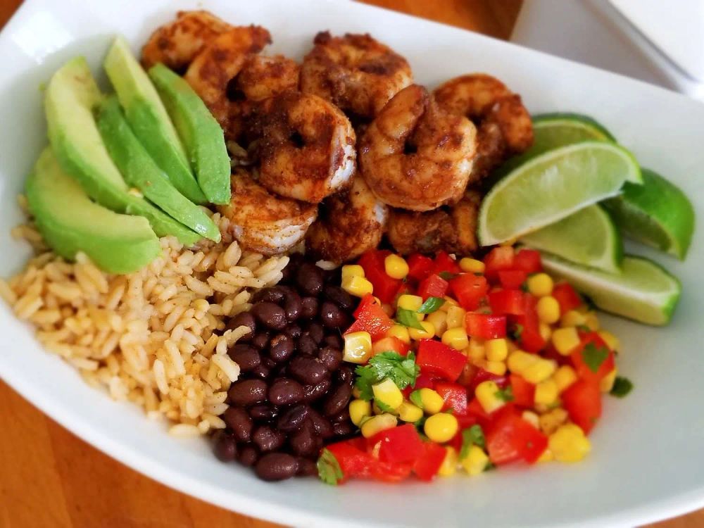 Grain Bowl with Blackened Shrimp, Avocado, and Black Beans