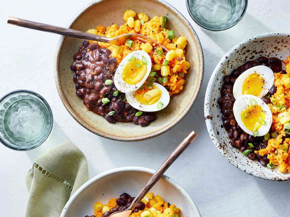 Yellow Rice and Sofrito Beans with Jammy Eggs