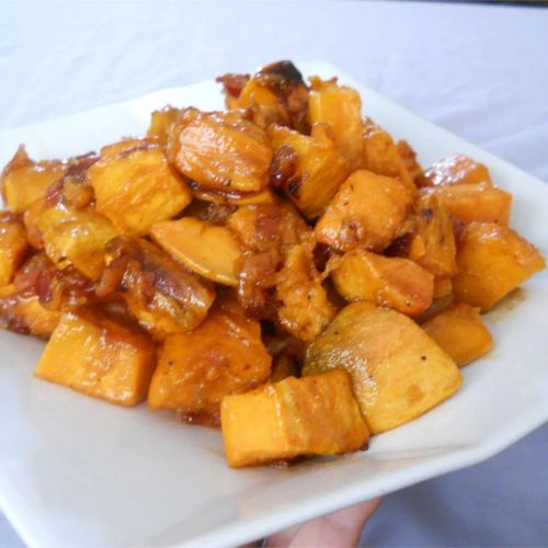 Maple Glazed Sweet Potatoes with Bacon and Caramelized Onions