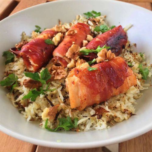 Herby Cauliflower Rice with Pecans and Candied Bacon-Wrapped Chicken