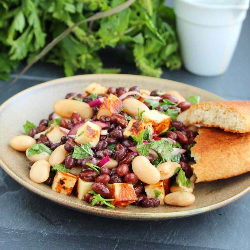 Halloumi Three-Bean Salad with Pomegranate-Harissa Vinaigrette