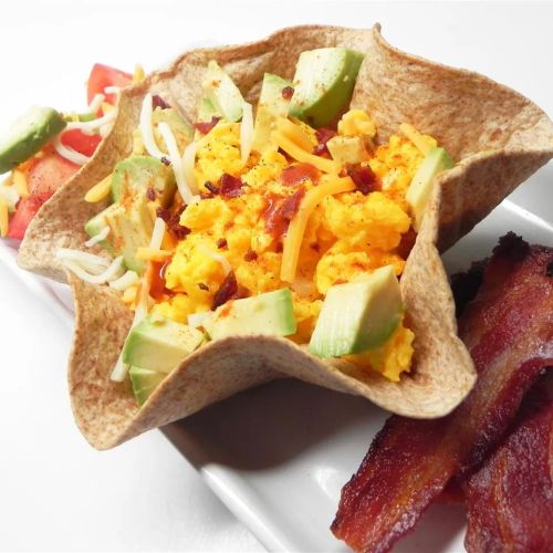 Scrambled Eggs, Cheese, and Avocado Tortilla Bowl