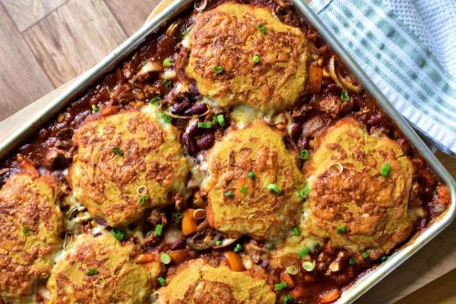 Sheet Pan Turkey Chili with Cornbread "Dumplings"