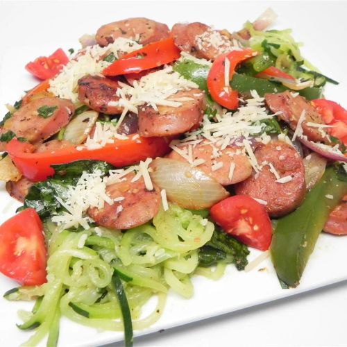 Zucchini Noodles and Summer Vegetables with Sweet Pepper Chicken Sausage