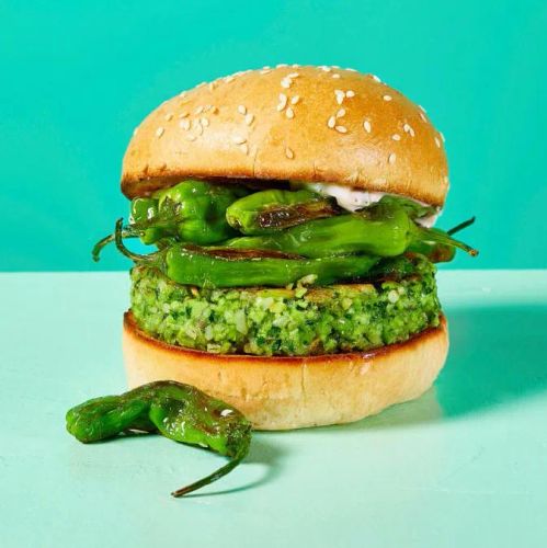 Shishito-Topped Edamame and Brown Rice Burgers