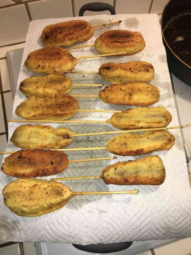 Breakfast Sausage Corn Dogs with Spiced Maple Syrup Dip