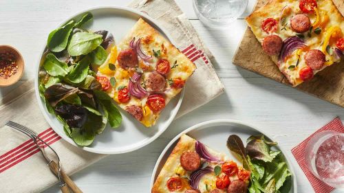 Sheet Pan Pizza with Hillshire Farm® Smoked Sausage & Burst Cherry Tomatoes