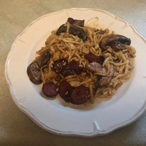 Sweet and Spicy Garlic Kielbasa with Sauteed Herb Spaetzle