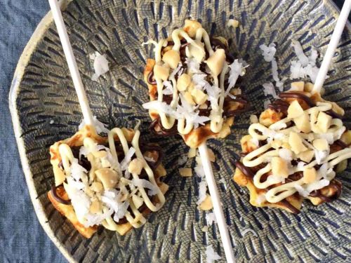 Mini Waffle Pops with Chocolate, Coconut, and Macadamia Nuts