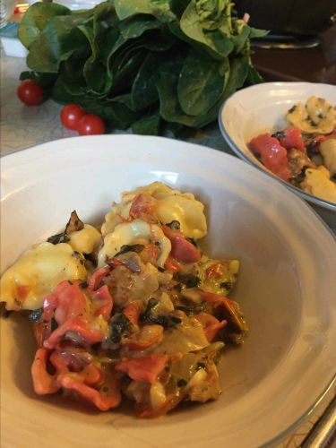 Cheese Tortellini with Italian Sausage and Mushroom-Spinach Cream Sauce