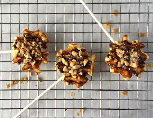 Mini Waffle Pops with Dark Chocolate, Roasted Peanuts, and Flaked Salt