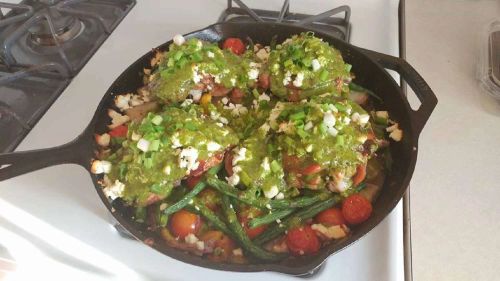 One-Skillet Chicken Thighs with Pesto and Vegetables