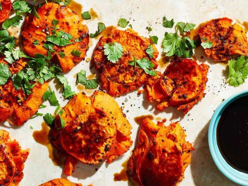 Smashed Sweet Potatoes with Soy-Citrus Glaze