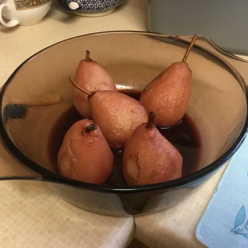 Red Wine Poached Pears with Chocolate Filling