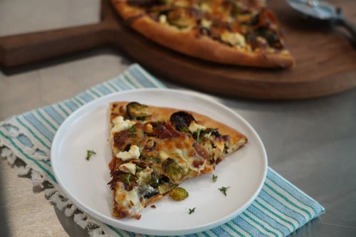 Roasted Brussels Sprouts Pizza with Prosciutto and Brown Sugar-Balsamic Onions