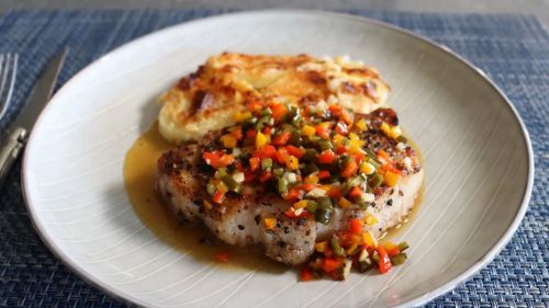 Peppercorn Pork Chops with Warm Pickled Pepper Relish