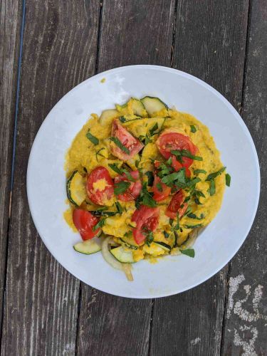 Zucchini with Pumpkin Blossom Cream Sauce and Tomatoes