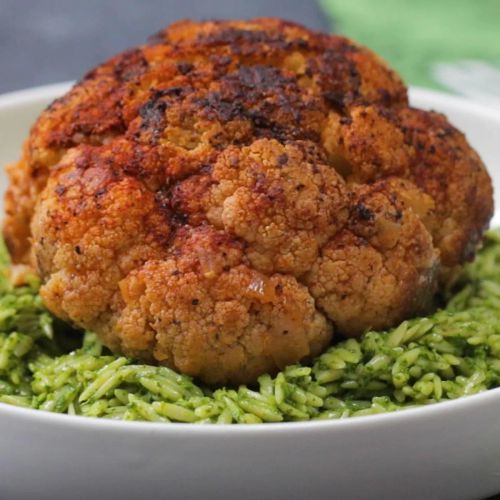 Whole Braised Cauliflower With Salsa Verde Orzo