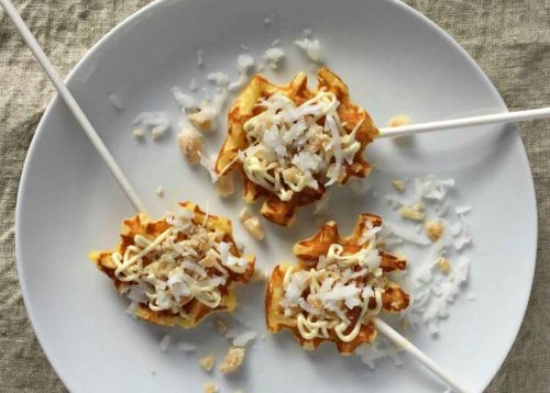 Mini Waffle Pops with White Chocolate, Coconut, and Candied Ginger