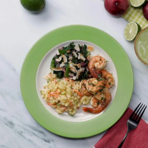 Margarita Shrimp With Coconut Greens And Hawaiian Macaroni Salad