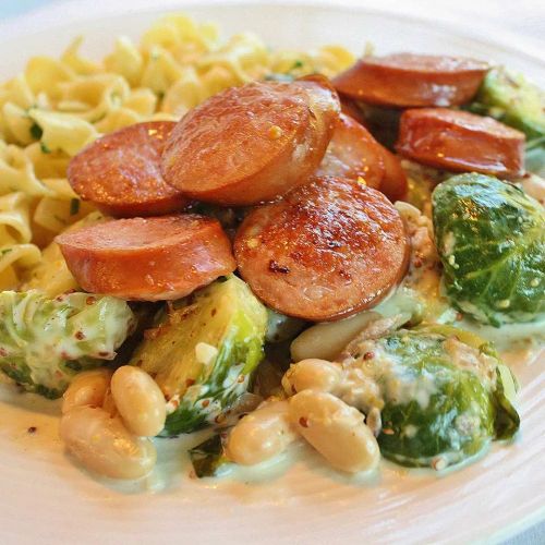 Kielbasa with Brussels Sprouts in Mustard Cream Sauce