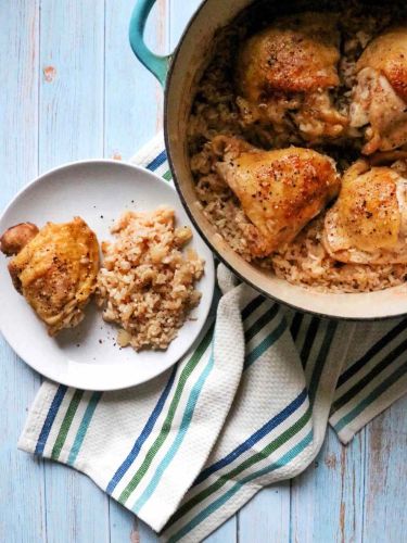 Baked Lemon-Pepper Chicken Thighs and Rice