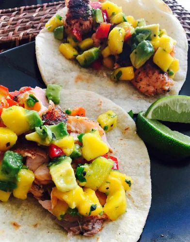 Blackened Salmon Tacos with Chunky Mango Avocado Salsa