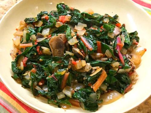 Sauteed Swiss Chard with Mushrooms and Roasted Red Peppers