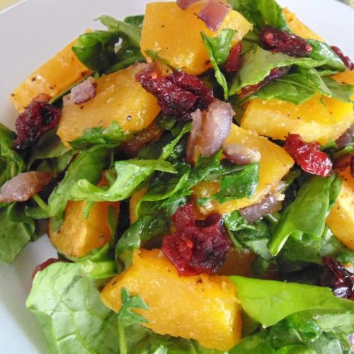 Roasted Butternut Squash with Onions, Spinach, and Cranberries