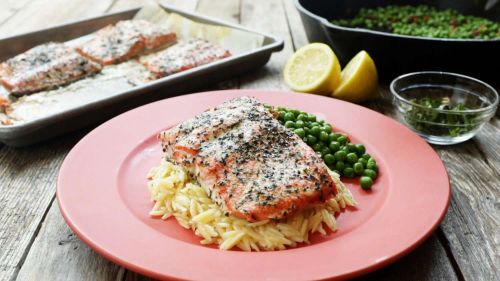 Baked Salmon with Lemony Orzo and Basil-Bacon Peas