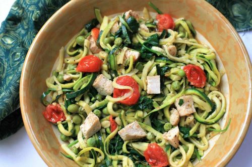 Zucchini Noodles with Chicken and Tomatoes in a Lemon Garlic Sauce