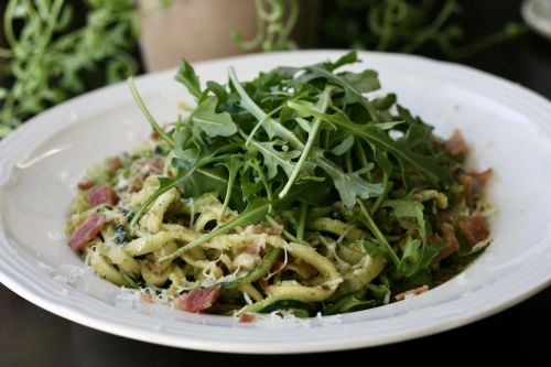 Zucchini Noodles with Basil Pesto and Bacon