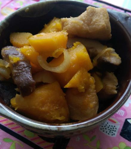 Simmered Kabocha Pumpkin and Fried Tofu with Sweet Soy Sauce