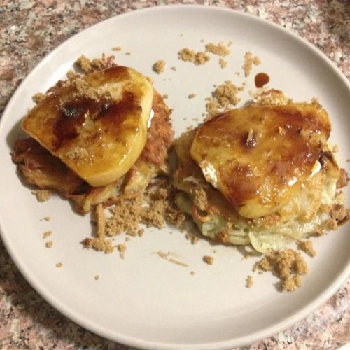 Potato Latkes with Caramelized Pears, Goat Cheese, and Sherry Vinegar Drizzle