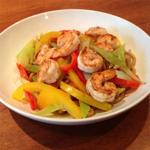 Prawns and Vegetables Over Pan-Fried Udon Noodles