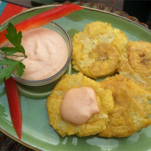 Tostones (Twice-Fried Green Plantains) with Mayo Ketchup Dipping Sauce