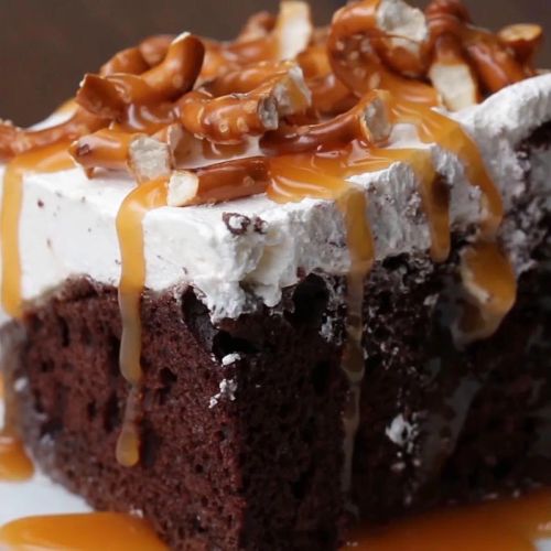 Chocolate Pretzel Poke 'Box' Cake