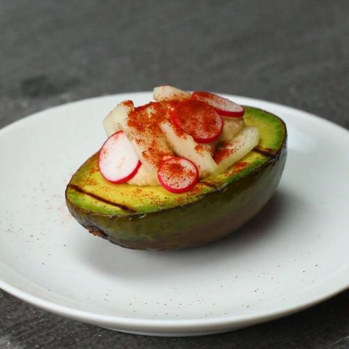 Hummus, Radish, Cucumber, And Paprika–Stuffed Avocado