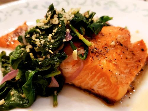 Honey Lemon Glazed Salmon with Spinach Saute