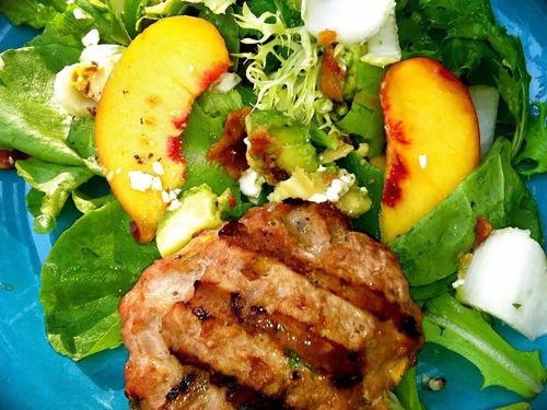 Peachy Turkey Burger over Greens with Endive, Bacon, Avocado, and Gorgonzola