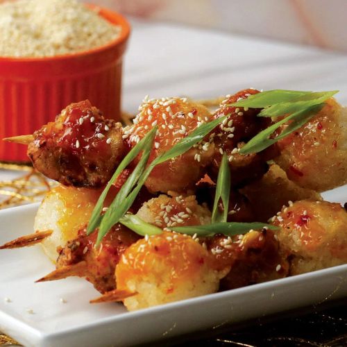 Orange Chicken Kebabs With Fried Sticky Rice Balls